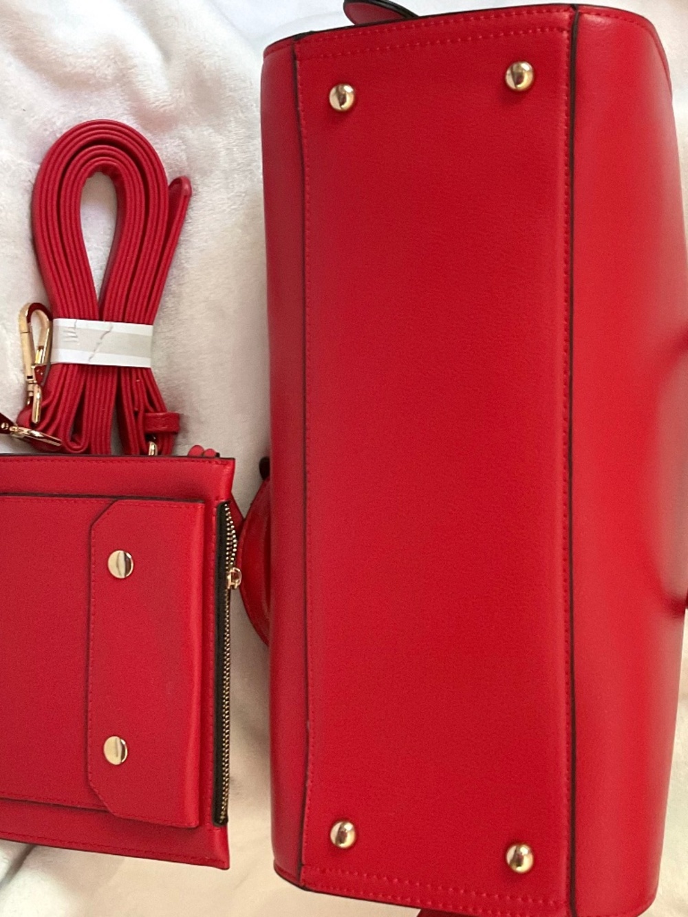 Red Structured Tote Bag Set Faux Leather Top Handle Crossbody Strap & Wallet - Picture 8 of 13